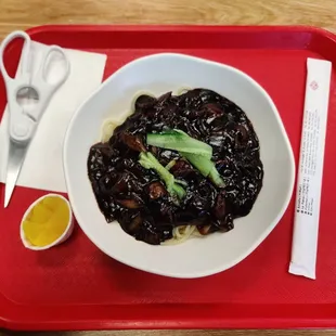 jjajangmyun (they give it to you on a tray and you carry it to your table)