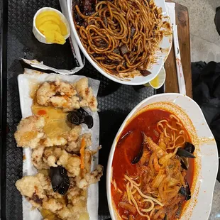 a variety of food items on a tray