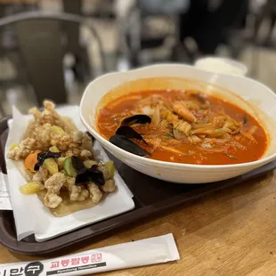 Spicy Seafood Noodle and Sweet and Sour Pork