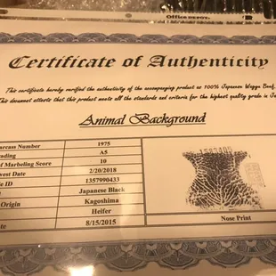 A5 Waygu beef certificate from japan