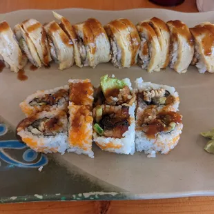 Golden roll (top) and bbq eel roll