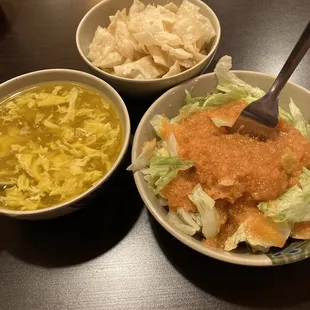 Salad with ginger dressing and egg drop soup