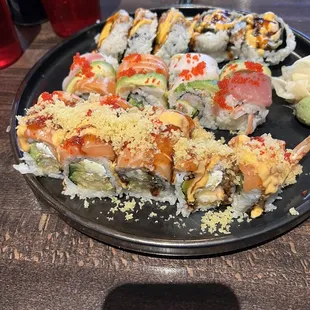 Dancing Salmon Roll, Rainbow Roll and Dynamite Maki  (front to back)