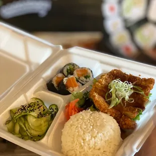 Katsu bento box lunch with salmon roll