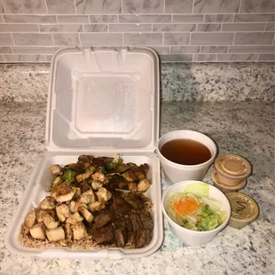 Hibachi HB Chicken &amp; Steak Miso Soup &amp; Salad with ginger dressing Yum Yum Sauce