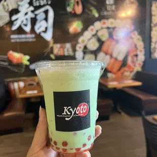 Honeydew with strawberry popping boba
