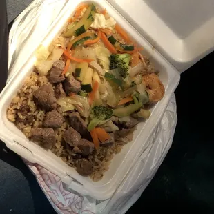 Tendon fried rice with steak, shrimp and veggie.