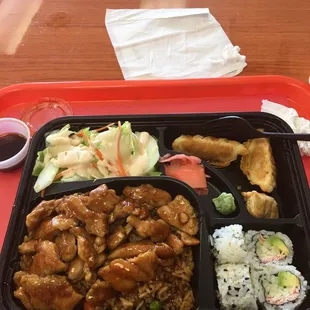 Bento box with chicken &amp; rice, sushi, dumplings, and salad