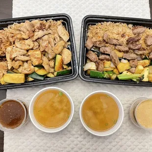 Chicken, New York steak, miso soup