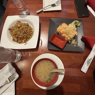 Miso soup, lo mein, and happy sushi!