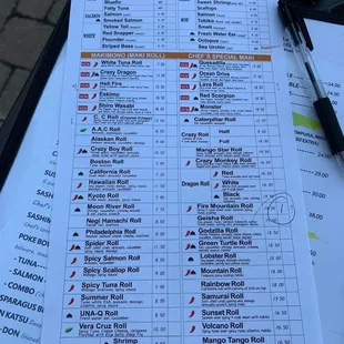 Sushi menu