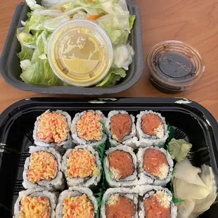 Two roll lunch special.  Spicy crunch crab on left.  Spicy crunch tuna on right.
