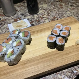 Philadelphia roll to the left  Salmon roll to the right