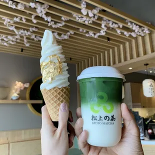 milk soft serve with gold foil + matcha latte (before shaking) with 50% sweetness