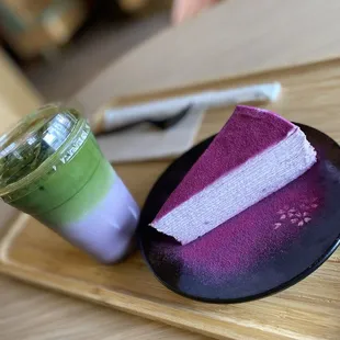 a piece of cake and a green smoothie