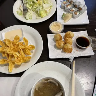 Cucumber salad, Philadelphia roll, Crab Rangoon, fried shrimp dumplings, and hibachi soup light and filling lunch!