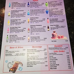 sushi and sashimi, menu