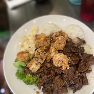 Garlic Shrimp and BBQ Beef plate