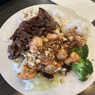 Garlic Shrimp and BBQ Beef