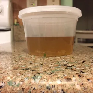 This is the order of onion soup.  The container is not even halfway full.  Not only that, there was ONE mushroom, and only 2 onions.