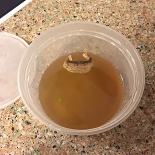 One mushroom, and two scallions in the onion soup.  Container not even half full....really?  Are you guys that cheap?