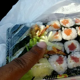 1 spicy tuna,1 spicy salmon &amp;1 spider roll all in a 4x6 package? I hoped it'd be made up for with flavor. Nope! no spice-no flavor.