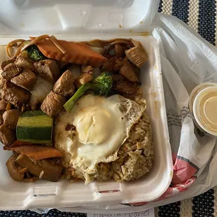 To Go Order: White meat chicken hibachi with fried rice (egg added), noodles and white sauce.