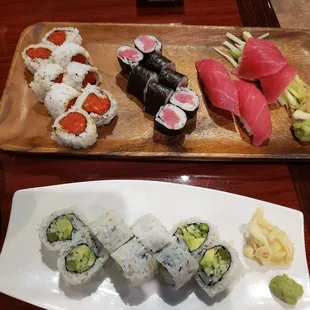 Top sushi and sashimi  Bottom vegetarian roll
