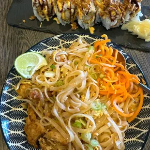 Chicken pad Thai and cowboy roll