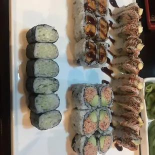 Samurai roll (top roll), sweet potato roll (middle left), forget what the middle right was, and a simple cucumber roll (bottom).