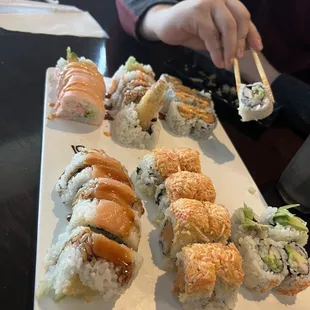 Kyoto Roll, California roll, Sexy Girl Roll (8), shrimp Tempura Roll, Spicy Tuna