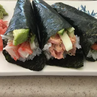 California hand roll, spicy tuna hand roll &amp; salmon skin hand roll