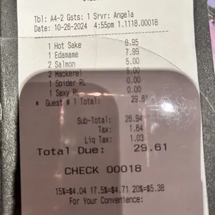 Check for 2 pieces of salmon, edamame and nigiri