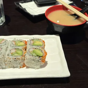 California roll and miso soup.