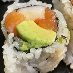 salmon, avocado, and rice