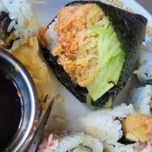 Spicy Salmon hand roll.