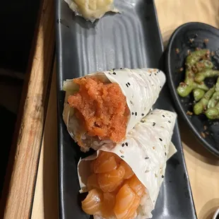 Salmon hand roll, spicy tuna hand roll