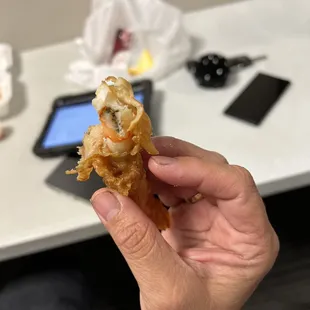 a hand holding a fried food item