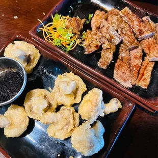 Tempura mushrooms and teriyaki beef