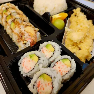 Lunch Combo (comes with rice, salad, miso, and California rolls) with my choice of shrimp tempura and crunch roll