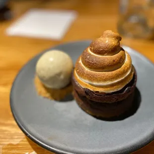 DARK CHOCOLATE SMORES CAKE banana-bourbon ice cream, toasted marshmallow