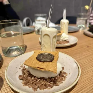 Complimentary celebratory dessert - Honeycomb Vanilla Ice Cream Crumble with White Chocolate edible candle