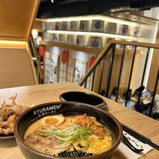Kimchi ramen and fried squid