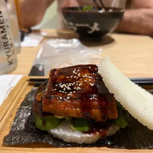 Eel avocado rice burger