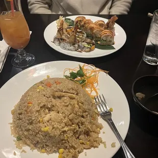 Chicken Fried Rice, Shrimp Tempura Roll, Lobster Roll, Miso Soup, Mai Tai