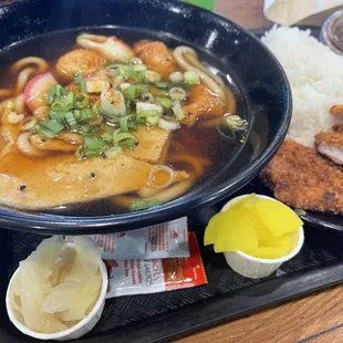 Udon Katsu Combination (substituted cabbage for rice) with picked daikon and ginger.