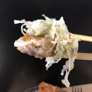Fresh crunchy peanut slaw with crunchy moist chicken katsu, one bite of deliciousness