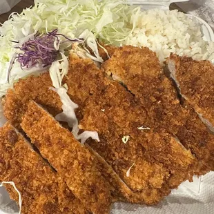 Katsu Chicken, rice, and cabbage