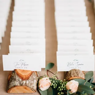 L-4 Love rentals - these log escort card holders were just lovely!