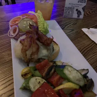 Smoked Gouda Burger with a side of grilled veggies